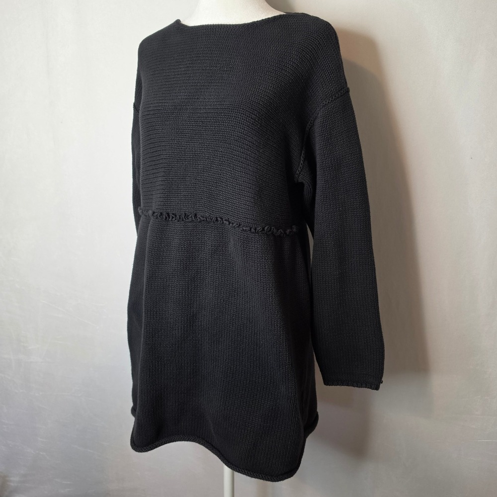 J. Jill Black Cotton Knit Tunic Sweater Raw Edge Seam Boat Neck Size L
